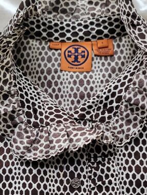 Tory Burch Brown and White Hexagon Print Silk Button Blouse